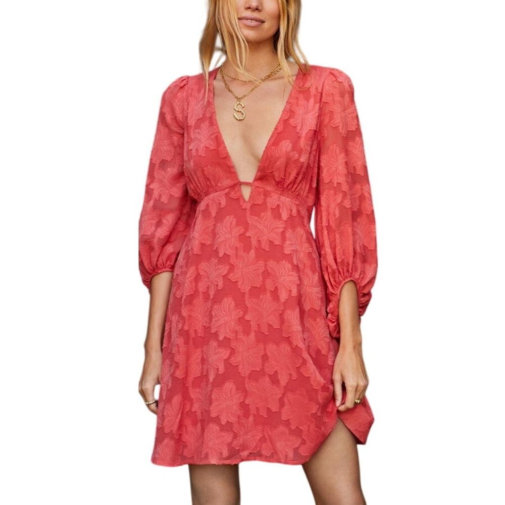 Anthropologie Plunge Mini Dress 16W Pinkโ Jacquard Floral Flirty Boho Feminine